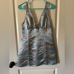 Urban Outfitters Metallic Blue Satin Mini Dress with Animal Print